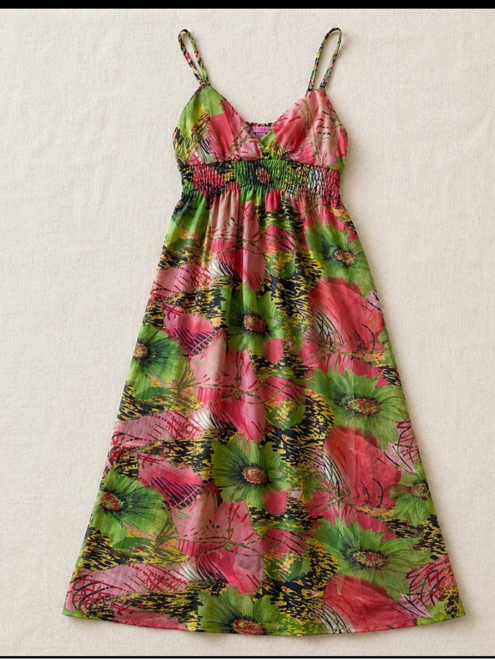 Y2K Tropical Floral Maxi Dress Small Pink Green Smocked Waist Spaghetti Strap